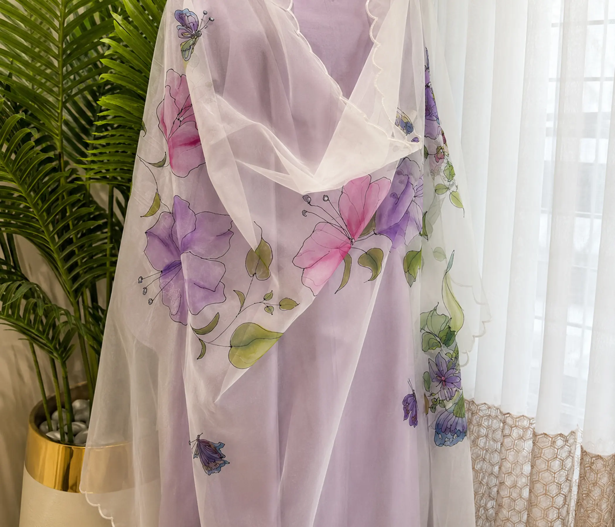 Lavender, Floral hand painted organza dupatta